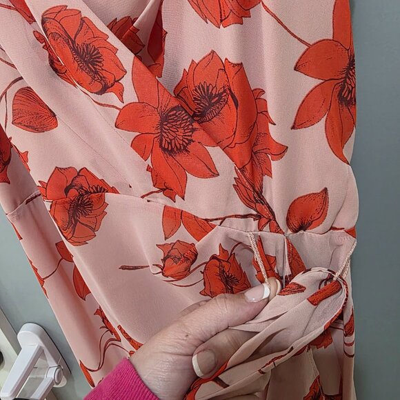 Eliza J Pink Floral Faux Wrap Midi Dress Size 6 Adjustable Straps Double Lined - Picture 7 of 10